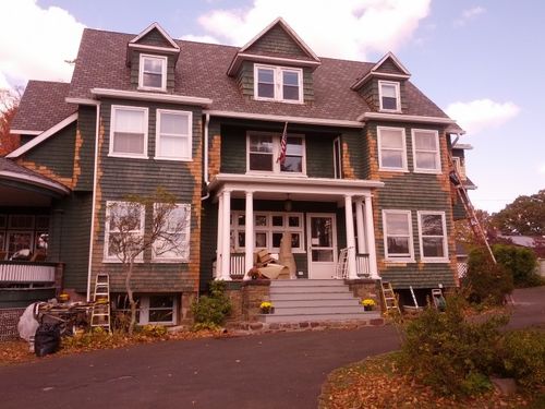 Replacing cedar siding and wood rot on Victorian Mansion Bryan Athyn, PA